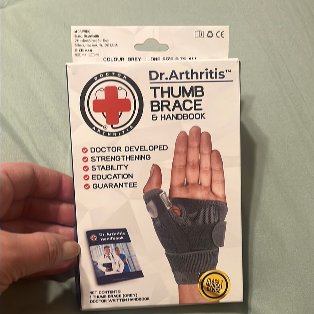 NEW Dr. Arthritis Thumb Brace with Handbook one size fits all right or left grey